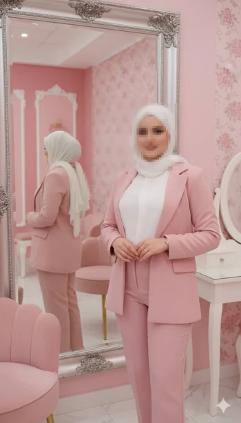 Elegant Woman in Pink Suit and White Hijab Standing in Stylish Pink Room