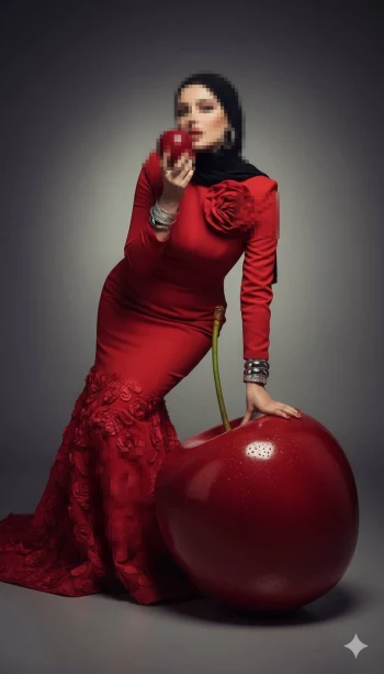 Elegant Woman in Red Dress and Black Hijab Holding Apple Beside Giant Cherry