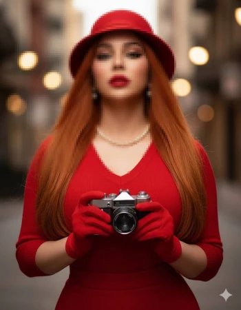 Elegant woman in red dress and hat holding vintage camera in city street
