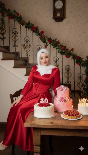 Elegant Woman in Red Dress Celebrating 30th Birthday with Cakes