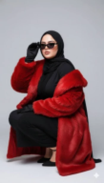 Elegant woman in red fur coat and black hijab posing confidently in studio