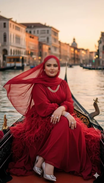 Elegant woman in red gown on gondola during sunset in Venice