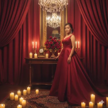 Elegant woman in red gown surrounded by candles and luxury vintage decor