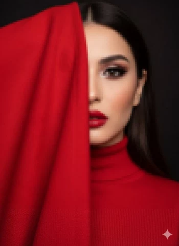 Elegant woman in red outfit covering half her face with matching red fabric