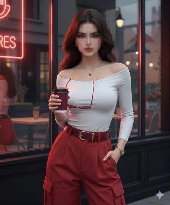 Elegant woman in red pants holding coffee outside a modern neon-lit café