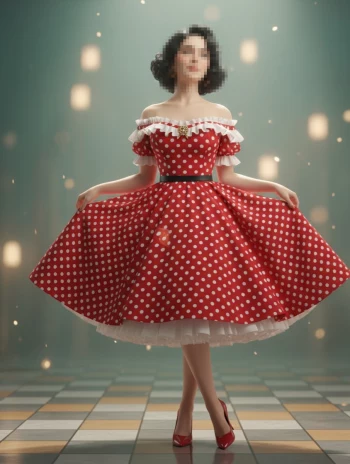 Elegant Woman in Red Polka Dot Dress Posing Indoors with Vintage Style