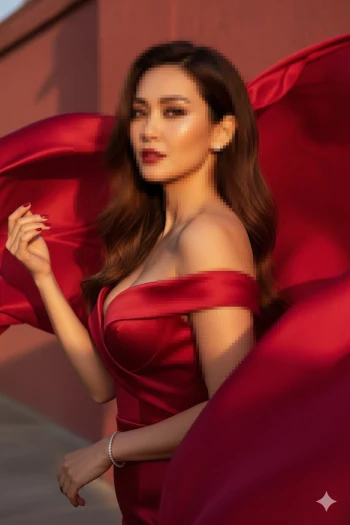 Elegant woman in red satin dress posing gracefully under golden sunlight