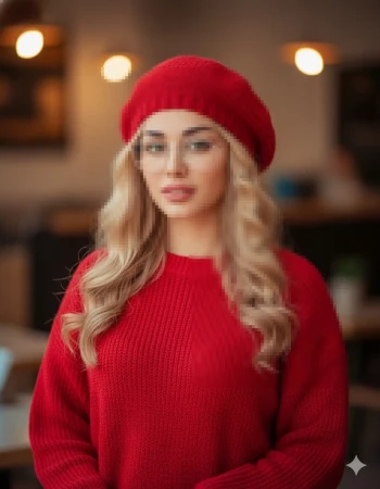 Elegant woman in red sweater and beret with glasses in cozy indoor setting