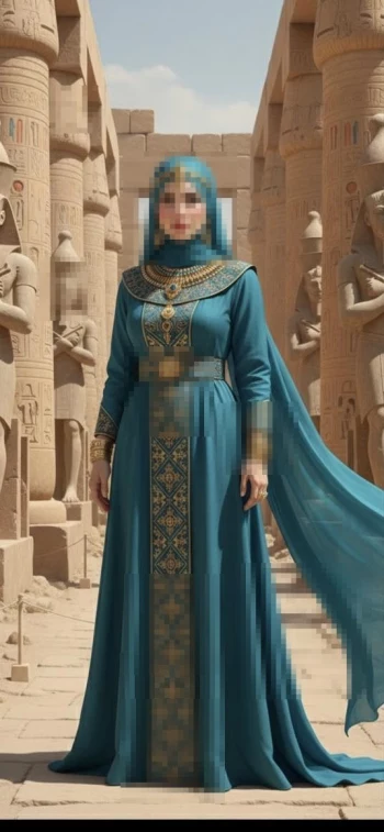Elegant woman in teal gown with gold embroidery standing among ancient Egyptian statues