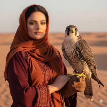 Elegant Woman in Traditional Dress Holding Falcon in Desert at Sunset