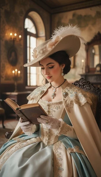 Elegant woman in vintage dress reading a book in a classic aristocratic room