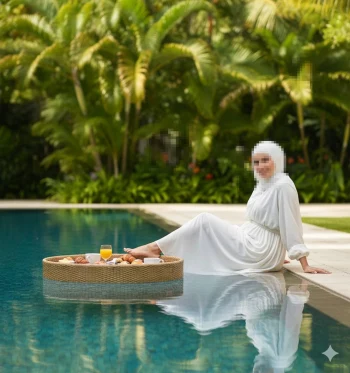 Elegant woman in white dress enjoying breakfast by the pool in tropical garden