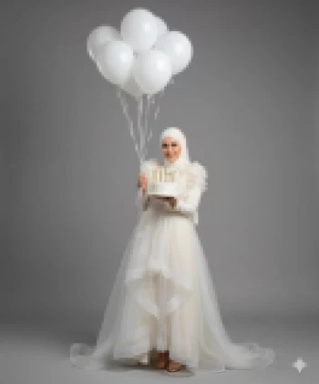Elegant woman in white dress holding balloons and birthday cake in studio