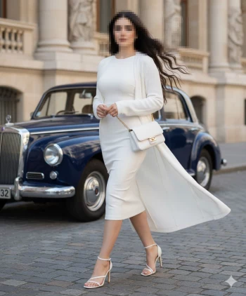 Elegant woman in white dress walking by a vintage blue car in a city street