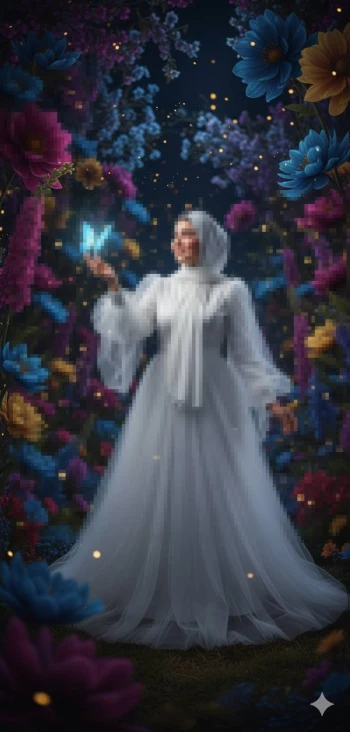 Elegant woman in white hijab holding glowing butterfly in magical flower garden
