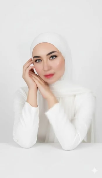 Elegant woman in white hijab portrait, minimalist studio, modest fashion