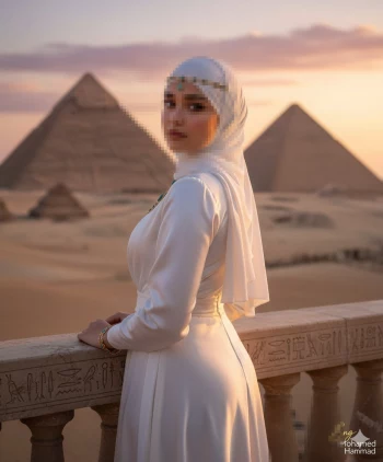 Elegant woman in white hijab posing at the pyramids of Egypt during sunset