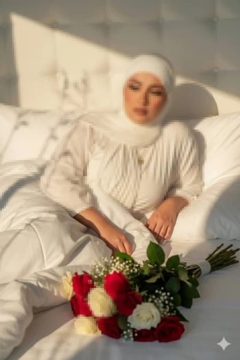Elegant woman in white hijab resting on bed with red and white roses