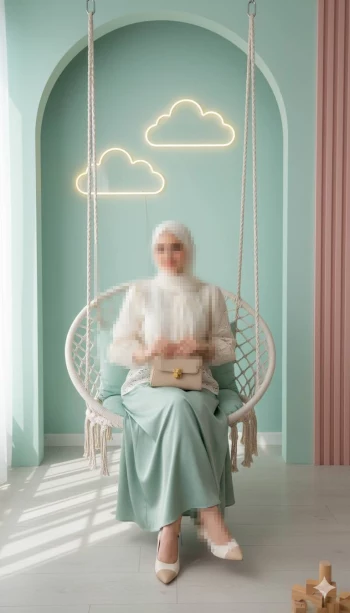 Elegant Woman in White Hijab Sitting on Swing in Pastel Mint Interior