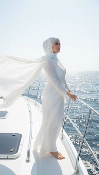 Elegant Woman in White Hijab Standing on Yacht Deck Overlooking the Sea