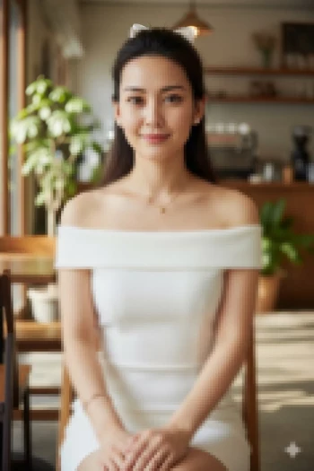 Elegant woman in white off shoulder dress sitting in cozy cafe