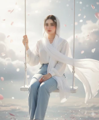 Elegant woman in white outfit sitting on swing surrounded by pink petals