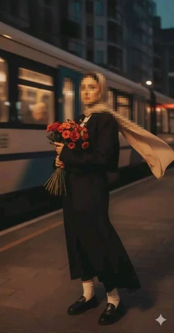 Elegant woman wearing a beige headscarf holding red flowers at a city train station