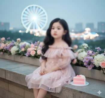 Elegant young girl in pink dress sitting by flowers with ferris wheel background