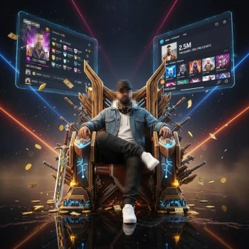 Epic gamer portrait of a man on a futuristic throne with glowing digital effects