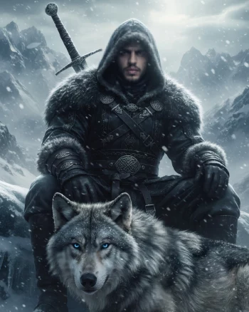 Epic Warrior and Wolf Standing Together in a Snowy Mountain Blizzard