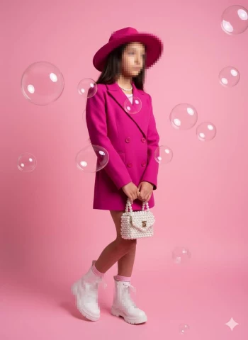 Fashionable girl in fuchsia coat dress and hat holding white pearl handbag