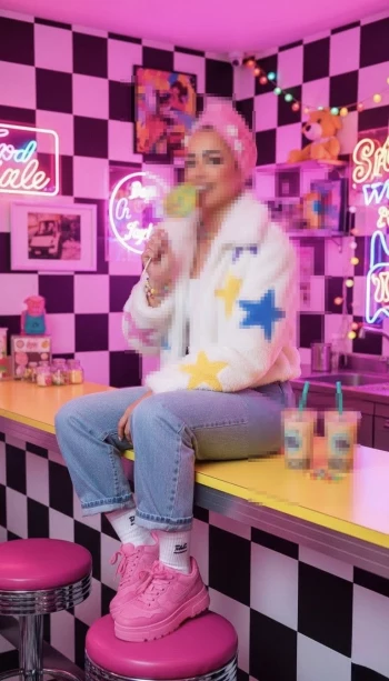 Fashionable woman in colorful retro diner holding rainbow lollipop