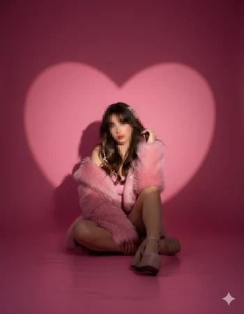 Fashionable woman in pink fur coat posing under heart shaped light background