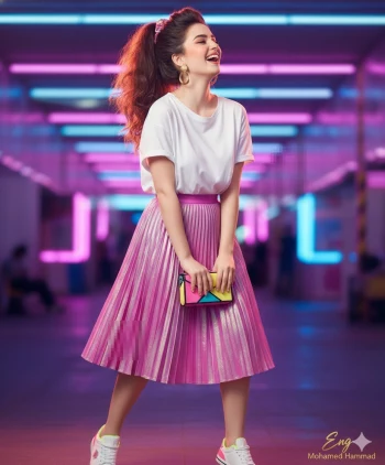 Fashionable woman laughing in neon tunnel wearing pink skirt and white t-shirt