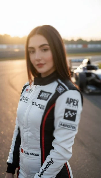 Female race car driver in white racing suit standing confidently on track