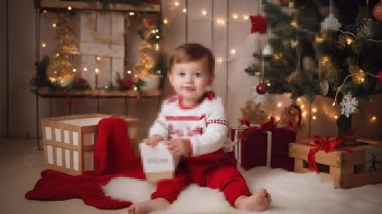 Festive Baby Sitting with Christmas Gifts in a Cozy Holiday Setting
