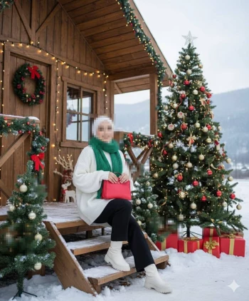Festive Winter Portrait at a Snowy Christmas Cabin with Decorated Tree