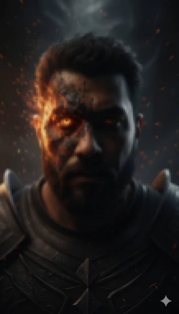 Fiery warrior with glowing eyes wearing dark armor in a cinematic fantasy scene