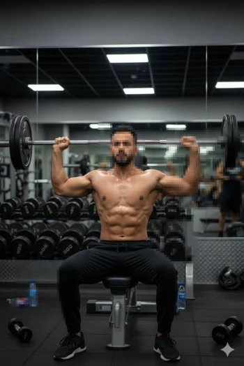 Fit man doing seated barbell shoulder press workout in modern gym