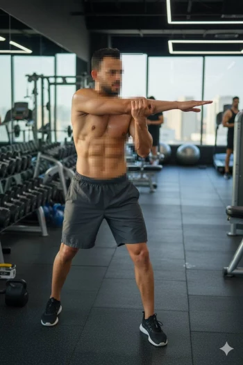 Fit man stretching his arm in modern gym with city view in the background