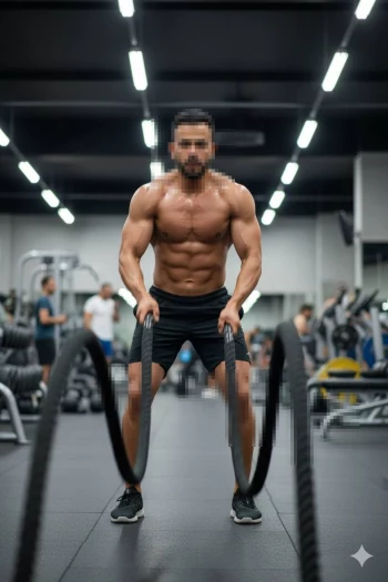 Fit man training with battle ropes in modern gym showing muscular strength