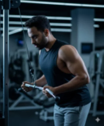 Focused man training triceps in gym wearing black sleeveless shirt and grey pants