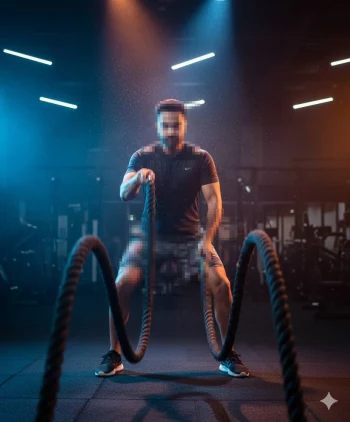 Focused man training with battle ropes in gym under dramatic blue and orange lights