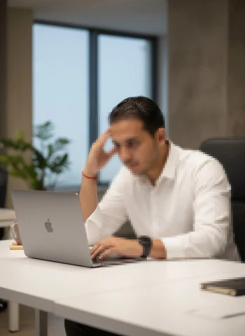 Focused man working on laptop in modern office with natural daylight