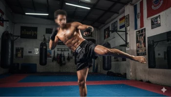 Focused martial artist performing a high kick during intense training in the gym
