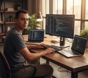 Focused programmer coding on multiple screens in modern home office