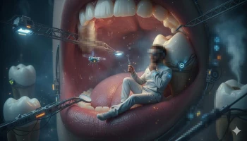 Futuristic Dentist Working Inside Giant Mouth with Robots and Drones