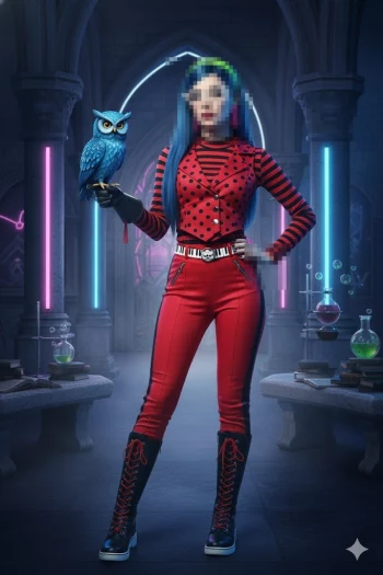 Futuristic gothic woman in red outfit holding blue owl in neon laboratory