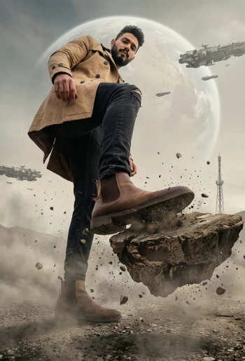 Futuristic Man Crushing Floating Rock Beneath a Giant Alien Moon