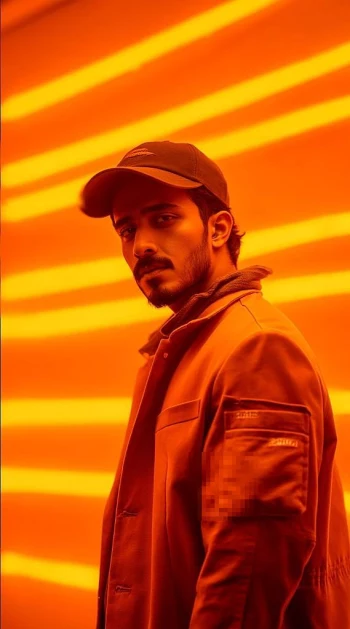Futuristic Neon Portrait of a Man in Orange Lighting and Urban Streetwear